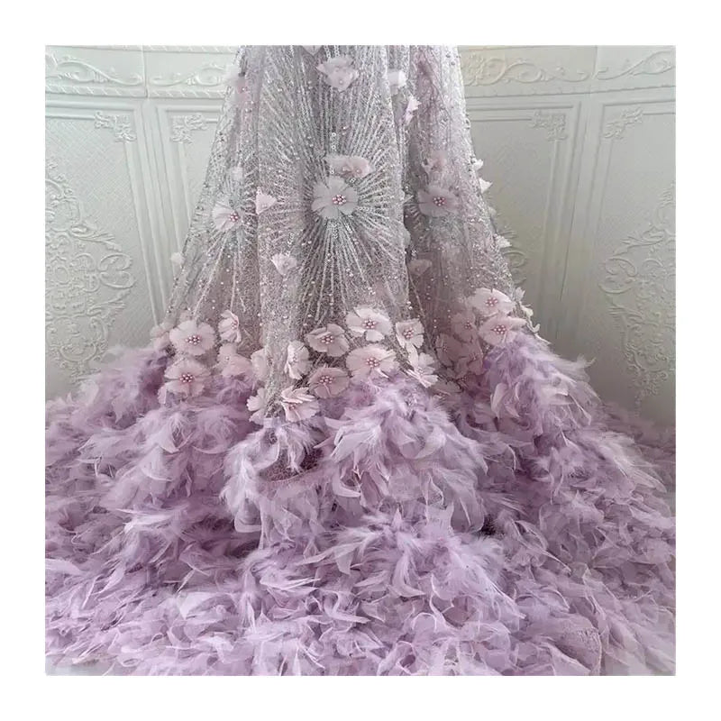 Feather Bottom Wedding Dress 3d Flowra Enice Tail Paillettes Lac Embroidery Sequin Bead Lace Tulle Pearl Transparent Net Fabr