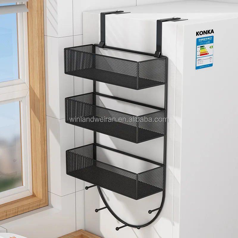 Refrigerator Household Three-Layer Foldable Metal Storage Rack for Seasoning Wall Mounted Hooks Multifunctional Storage Baske