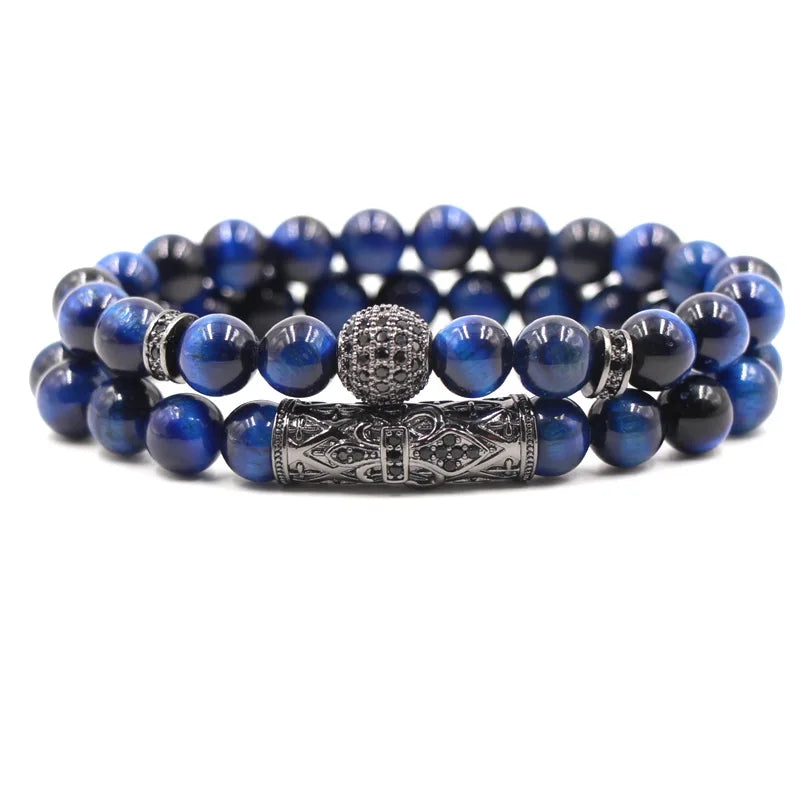 Hot Selling 10mm Blue Tiger Eye Stone Micro Inlaid Zircon Ball Bend Set Fashion Micro Inlaid Jewelry Bracelet & Bangle