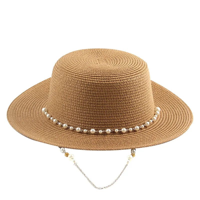Women Summer Panama Beach Hat Lady Straw Fedora Sun Hat with Pearl Chain