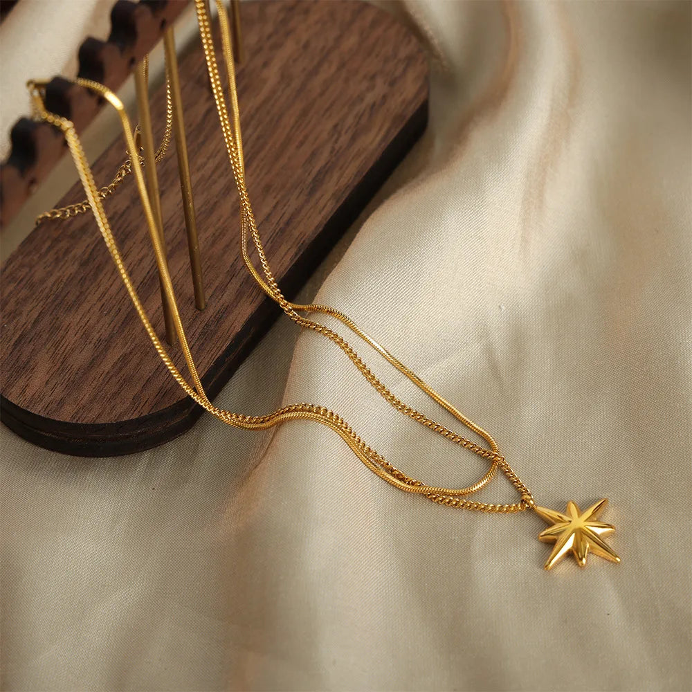 Waterproof Stainless Steel Gold Plated Double Layer Star Pendant Necklace for Women Wedding Jewelry Collier En Acier Inoxydab