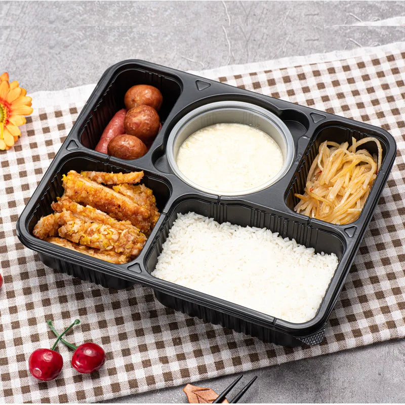 Custom Plastic Lunch Box Disposable 5 Compartment Food Container Black Plastic Disposable Food Container