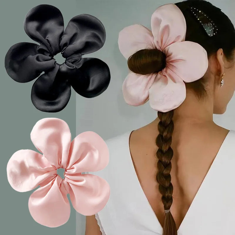 Wholesale Big Size Flower Hair Bands Headband Solid Color Fabric Fashion Flower Elastic Hair Scrunchies for Women