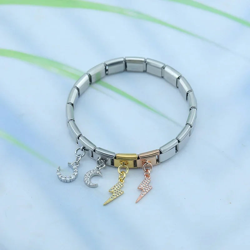 Hapiship 2024 New Daisy Fashion Lightning Moon Dazzling CZ Italian Charm Links Fit 9mm Bracelet Jewelry DIY Making DJ612