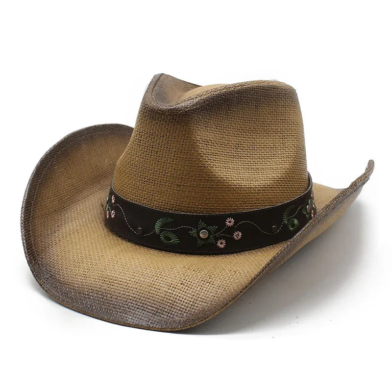 2024 New Women Outdoor Western Straw Hats Cowboy Printed Straw Cowboy Hat With Embroidered Floral Belt
