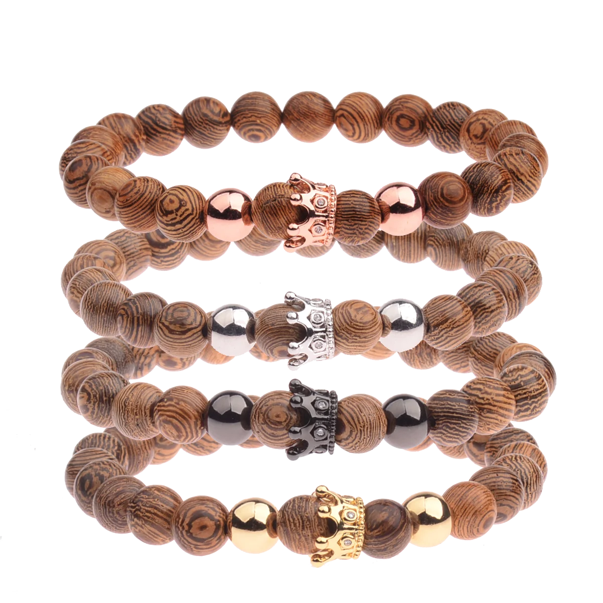 2023 Trend Wood Buddhist Beads Classic Men's Crown Metal Energy Rose Gold Plated Zircon Bracelet Eco-Friendly Gift