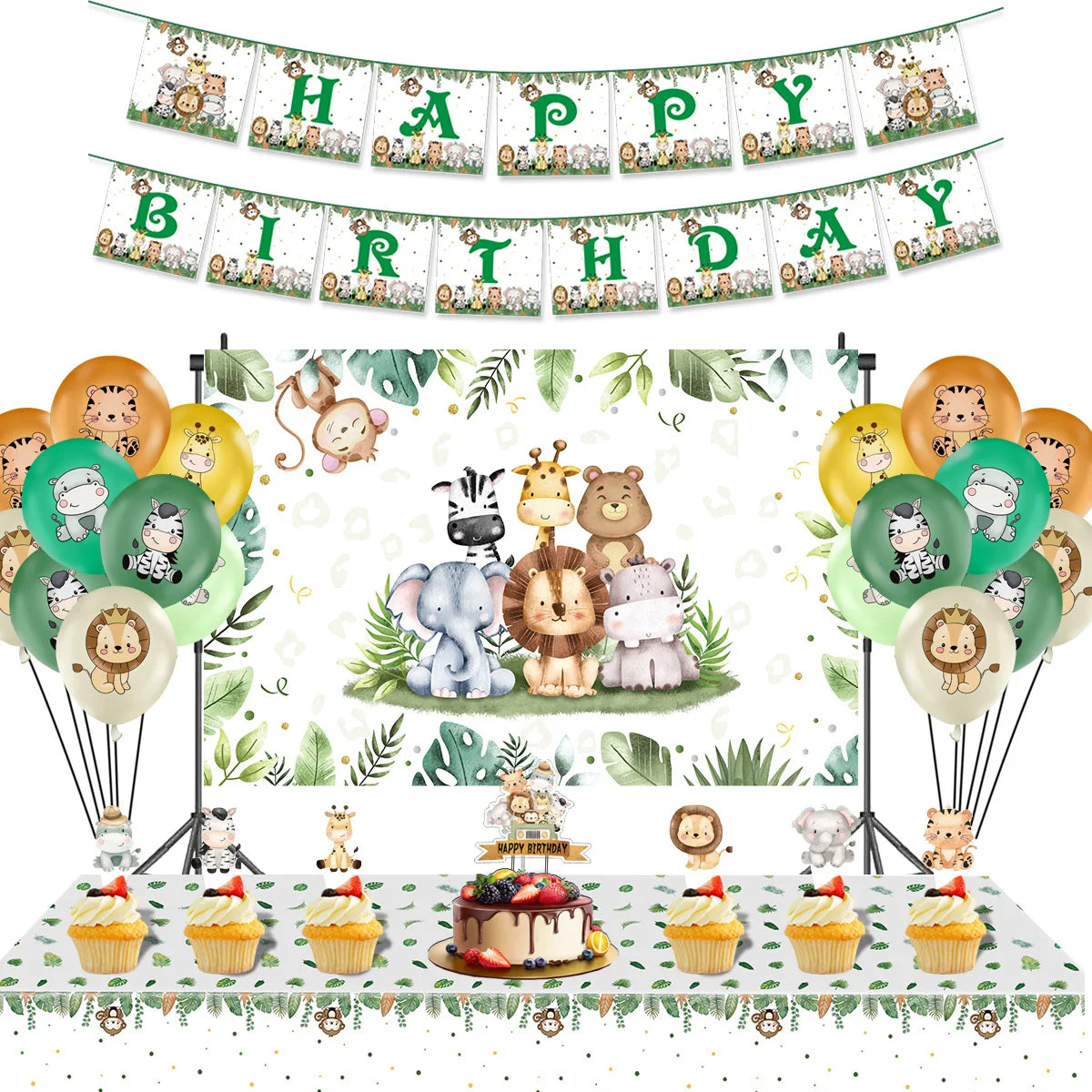 Jungle Animal Kids Birthday Party Tableware Set Includes Happy Birthdays Banner Cake Topper Latex Balloons Backdrop Decoratio