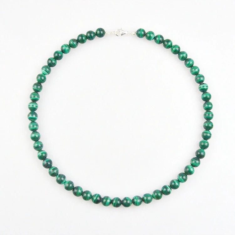 China 8mm Round Dark Green Malachite Stone Beading Chain Necklace for Women Featuring Loose Gemstones and Silver Accents