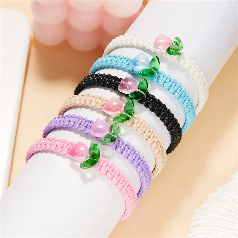 Handmade Woven Adjustable String Friendship Bracelets Korean Sweet Candy Color Resin Tulip Flower Bracelet for Girls