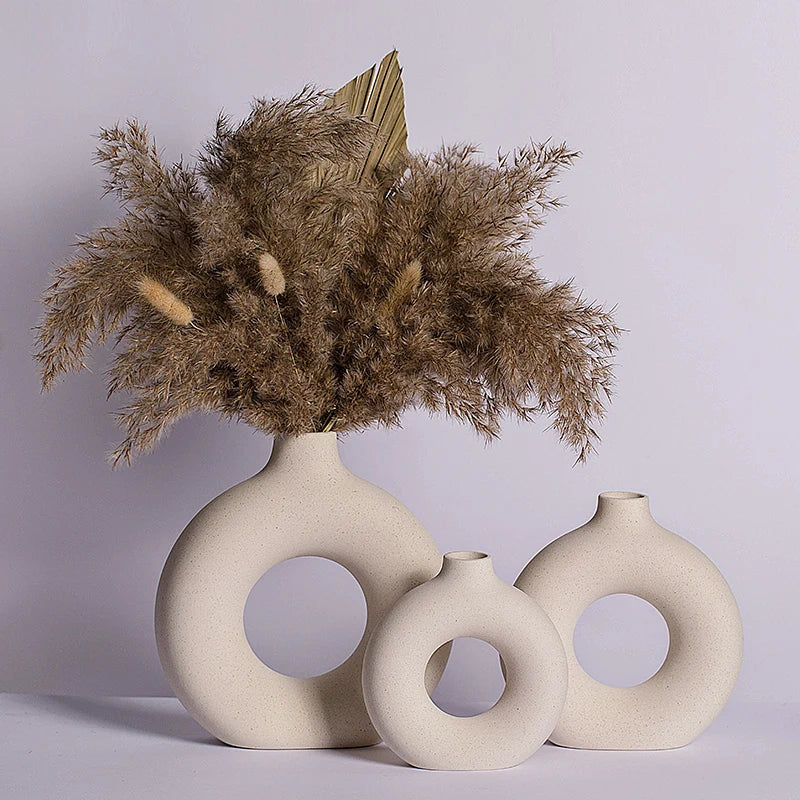Nordic decor farmhouse circular hollow modern flower vase porcelain vases ceramic decoration vase donut