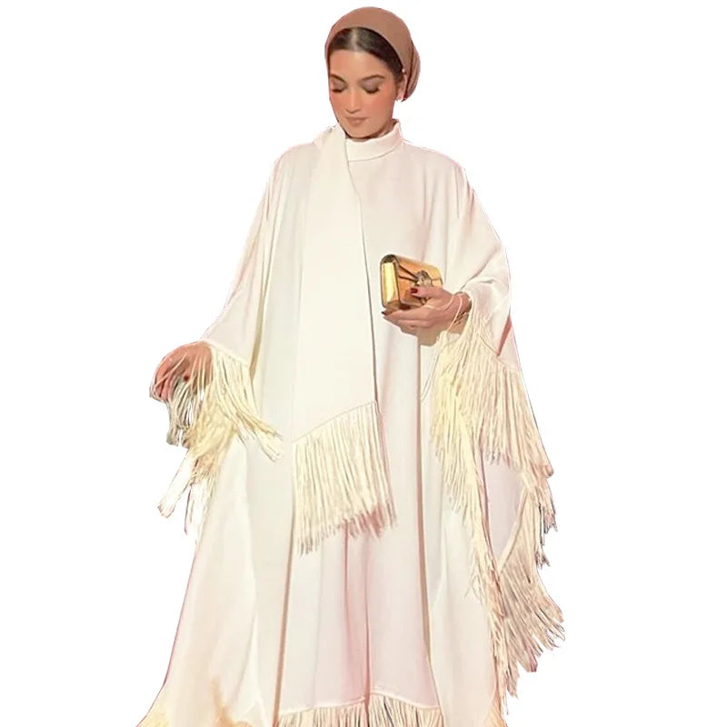 2026 NEW Style Elegant Plain Color Soft Satin Islamic Girl Evening Party Tassel Decoration Kaftan Muslim Woman Kimono