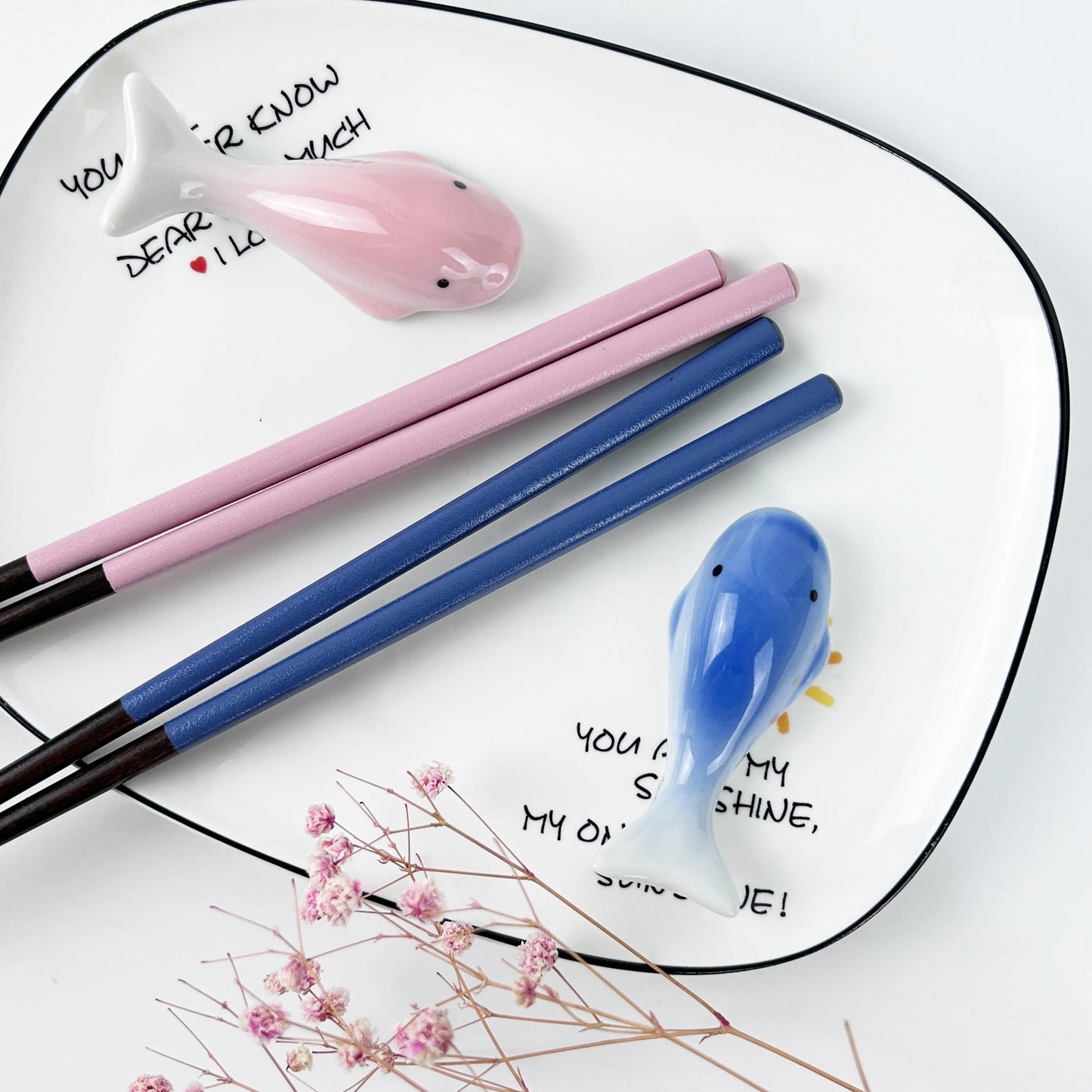 Gold Field Wedding Gift Set 2 Pairs Wooden Chopsticks 2 Ceramic Whale Rests Eco-Friendly Luxury Blue Pink Box Him Her