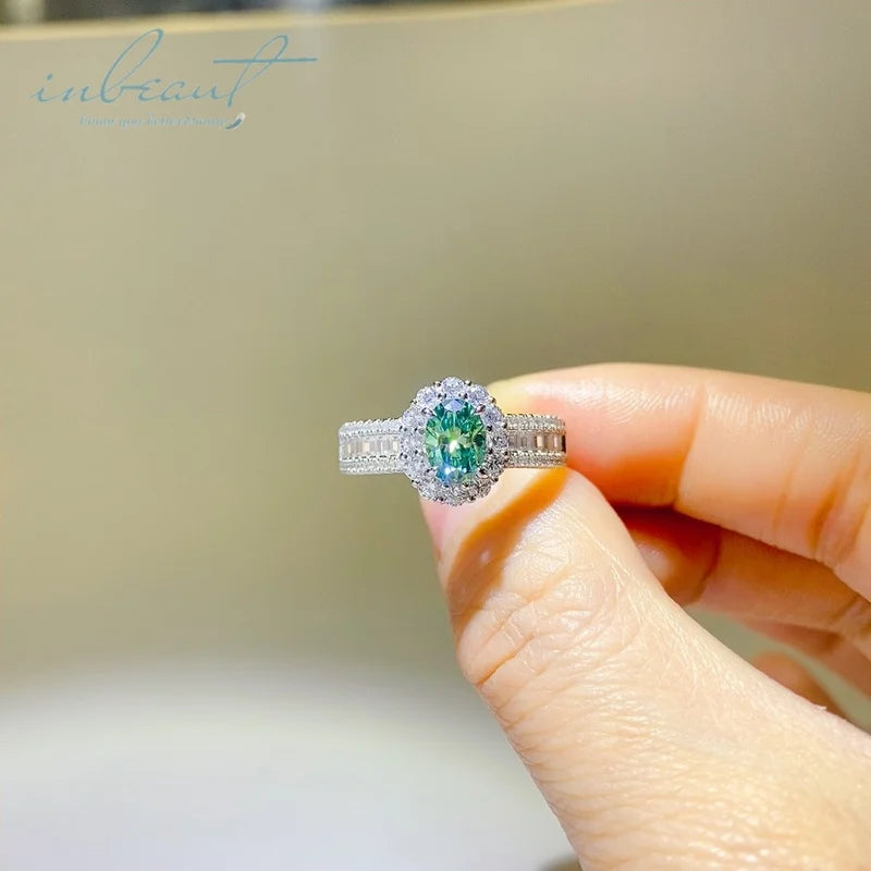 New Arrival Silver 925 Original 1 Carat Brilliant Cut Diamond Test Past Green Oval Moissanite Ring for Wedding Gemstone Jewel