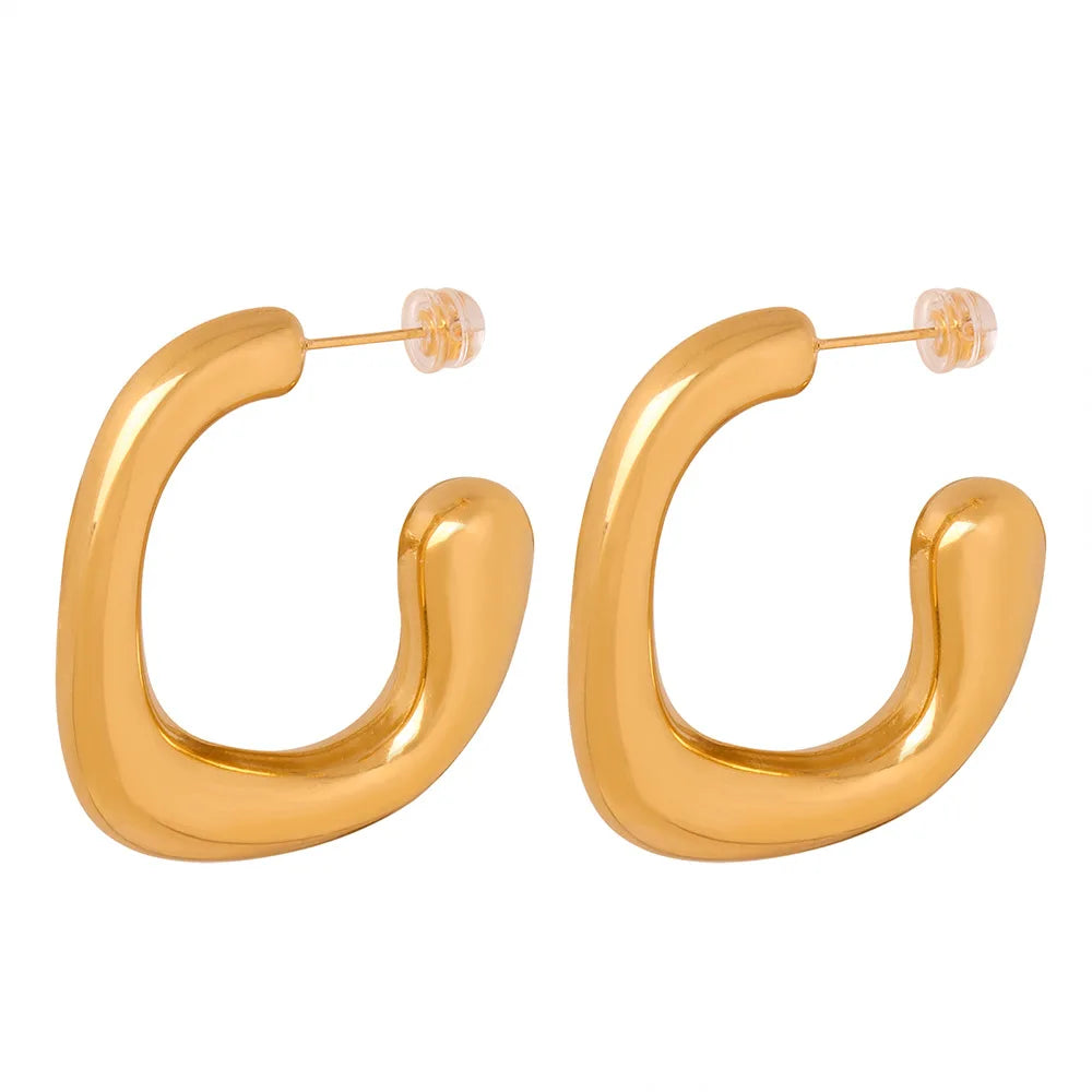 Ins Pvd 18k Gold Plated Stainless Steel Geometric C Shape Stud Hoop Earring for Women Waterproof Hypoallergenic Jewelry Gift
