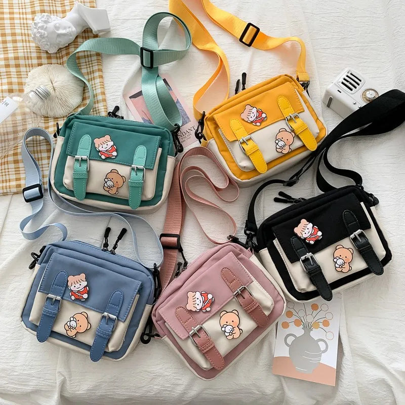 Canvas Small Bag Japanese Ins Women Shoulder Bag Cute Funny Personality Embroidery Bear Girl Student Transparent Messenger Ba