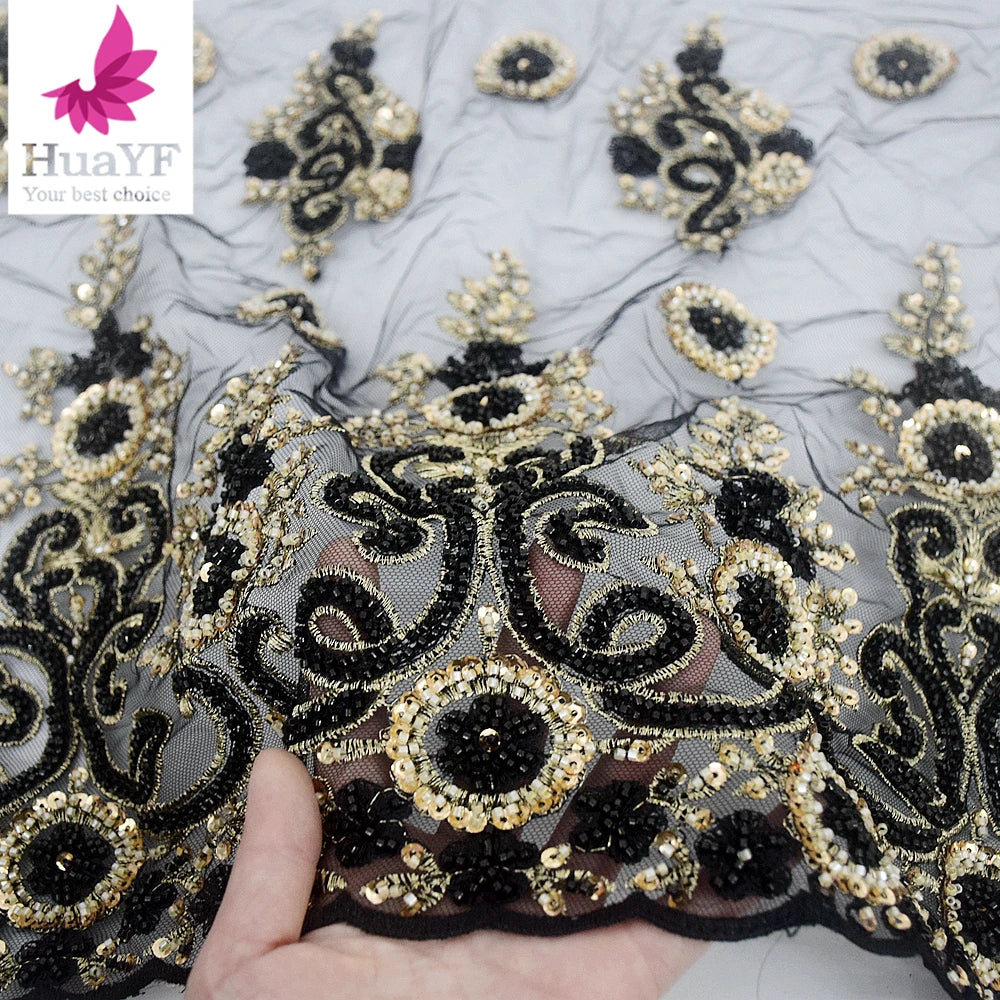 HY2339 Black And Gold Shiny Luxury  Beaded Tulle Beaded Sequins Lace Pearls Border  Fabrics