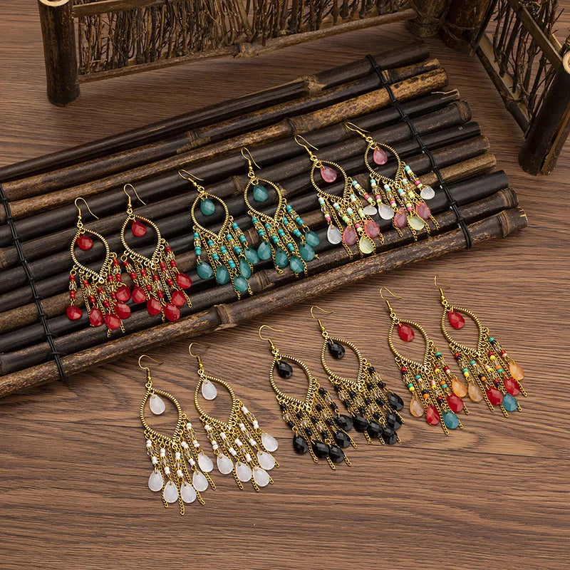 Hand-made Peacock Feather Shape Drop Seed Beads Earrings Travel Photo Accessories Bohemian Long Tassel Crystal Earrings