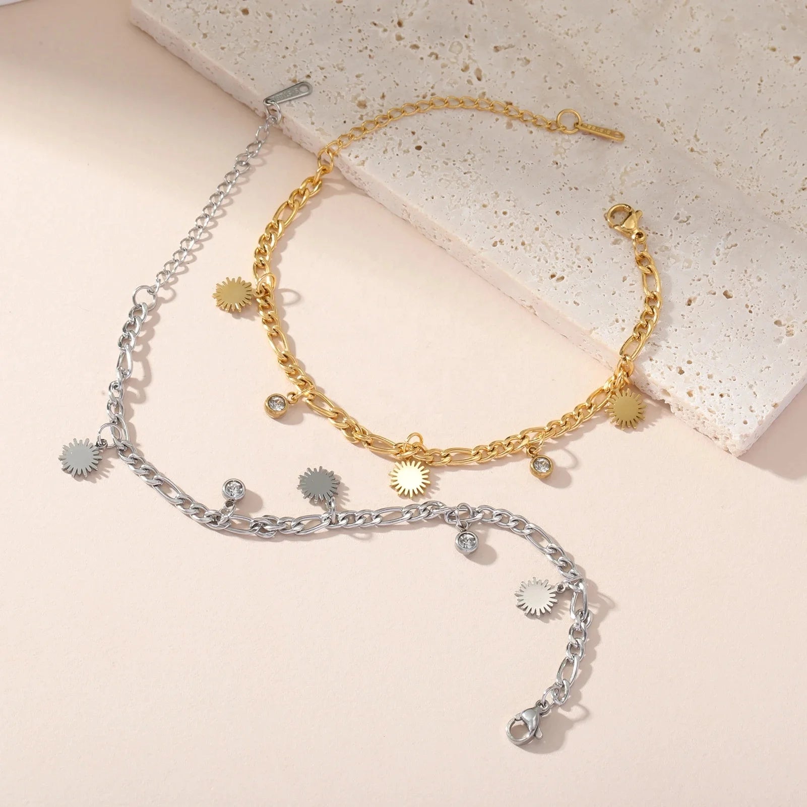Sun Radiating Light Zircon Adjustable Chain Anklet Figaro Chain Fashion Stainless Steel Jewelry Anklets Beach Holiday Gift