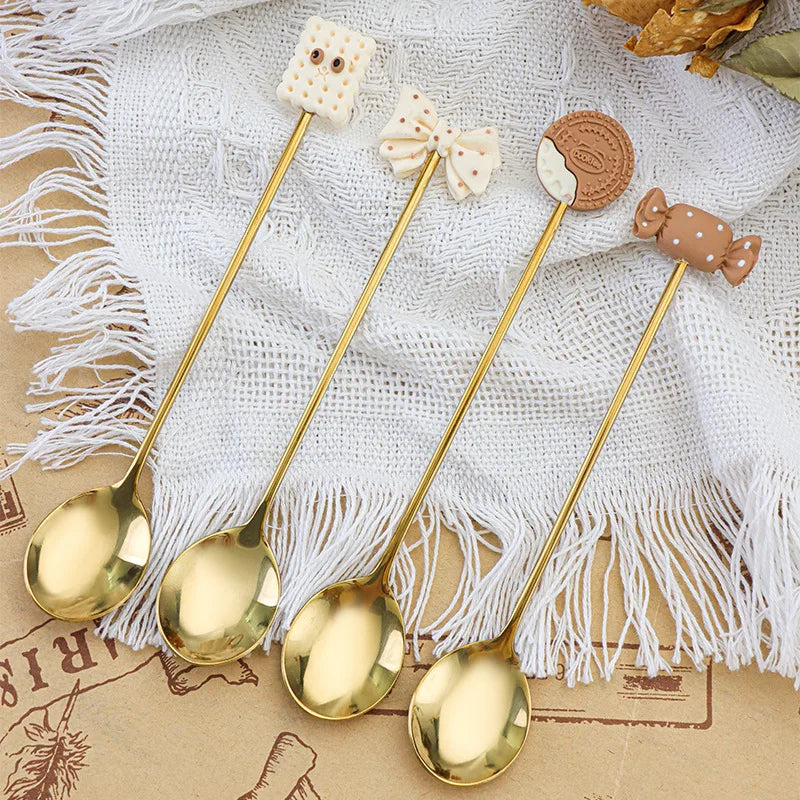 Cute Cartoon Coffee Spoons Set Gold Stainless Steel Dessert Mixing Spoon in Gift Box Wedding Souvenirs for Guests
