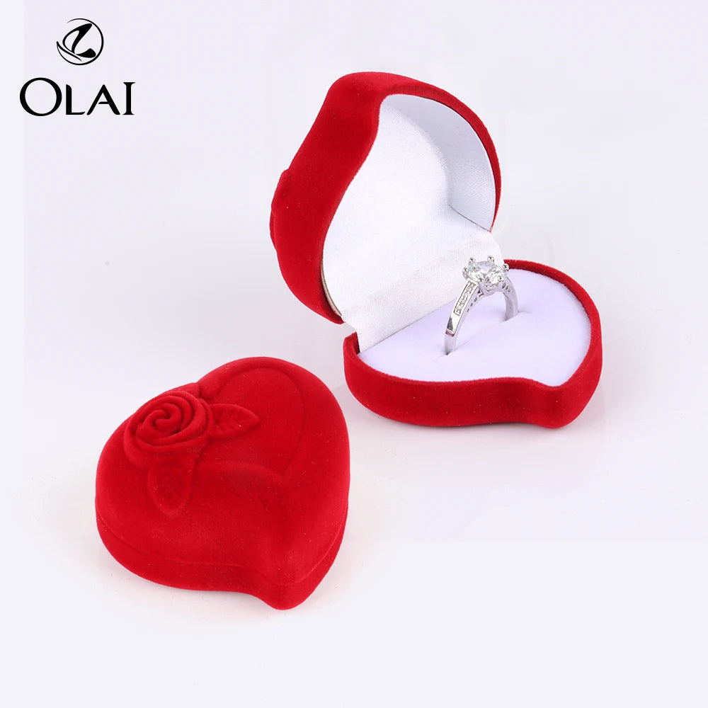 Wedding Flower Heart Shape Single Couple Ring Box Flocking Red Velvet Jewelry Gift Storage Box