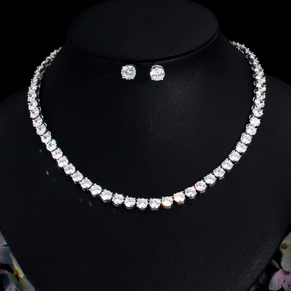 Stunning Big Carat Round Cubic Zircon CZ Tennis Necklace and Earrings Women Luxury Bridal Party Jewelry Set for Wedding Eveni