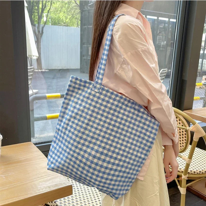 Retro Plaid Women's Canvas Shoulder Bag  Large Capacity Ladies Reusable Shopping Bags Simple Casual Tote Female Handbags Purs