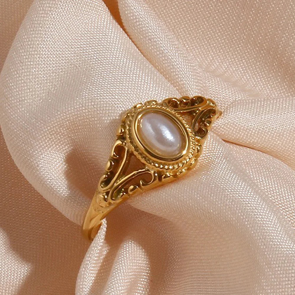 Waterproof Stainless Steel PVD 18K Gold Plated Pearl Ring for Women Elliptical Floral Pattern with Delicate Pearl Finger Ring