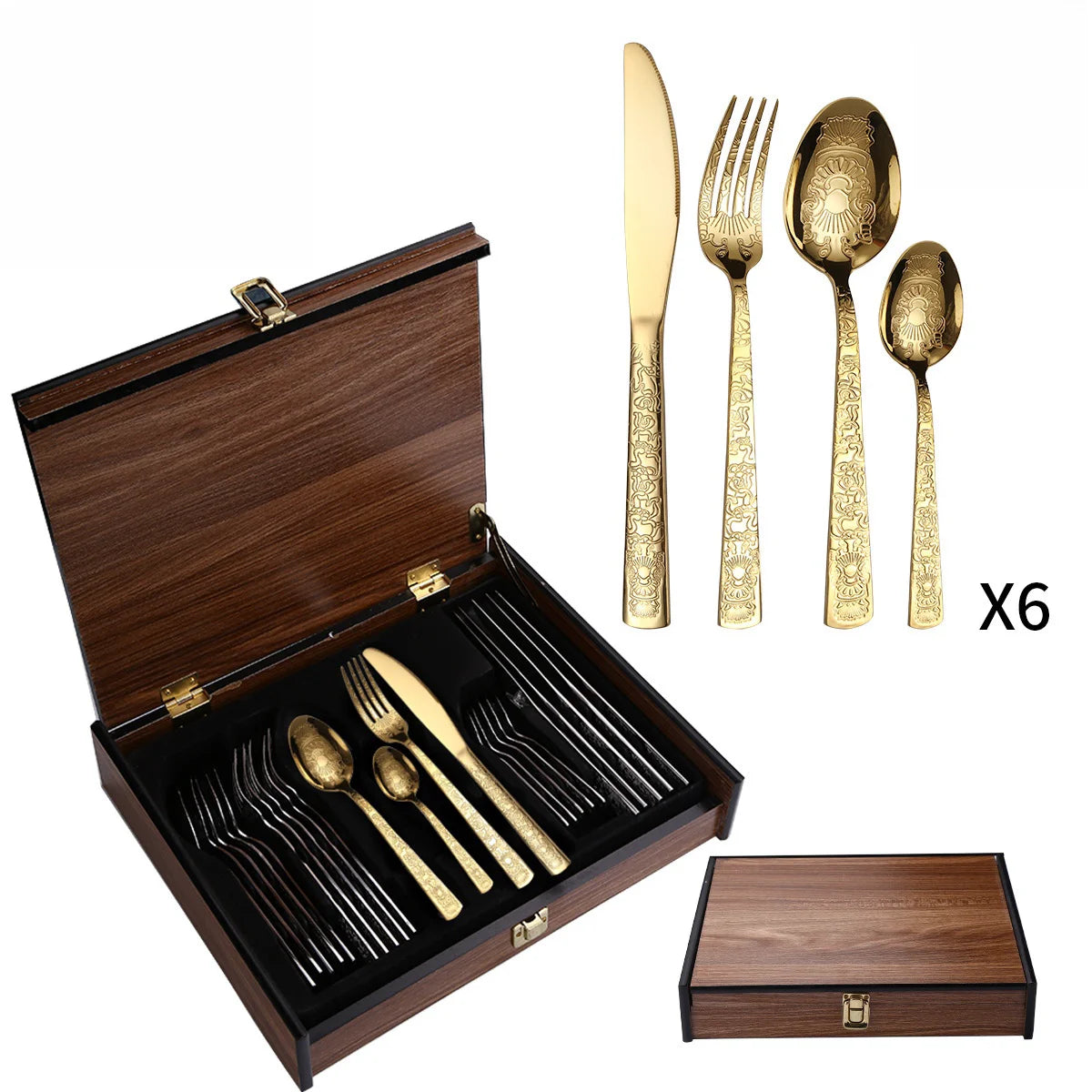 Luxury 24-Piece Gold Cutlery Set in Wooden Gift Box Engraved Stainless Steel Flatware for Wedding & Housewarming Gift