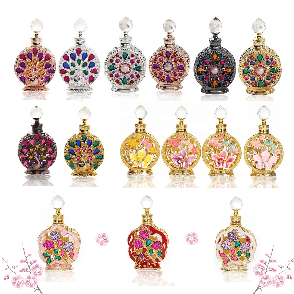 Sample Retail 12ml Stone Patented Orchid Flower Peacock Metal Perfume Bottle Glass Essential 0il Attar Bottle Refillable Bott