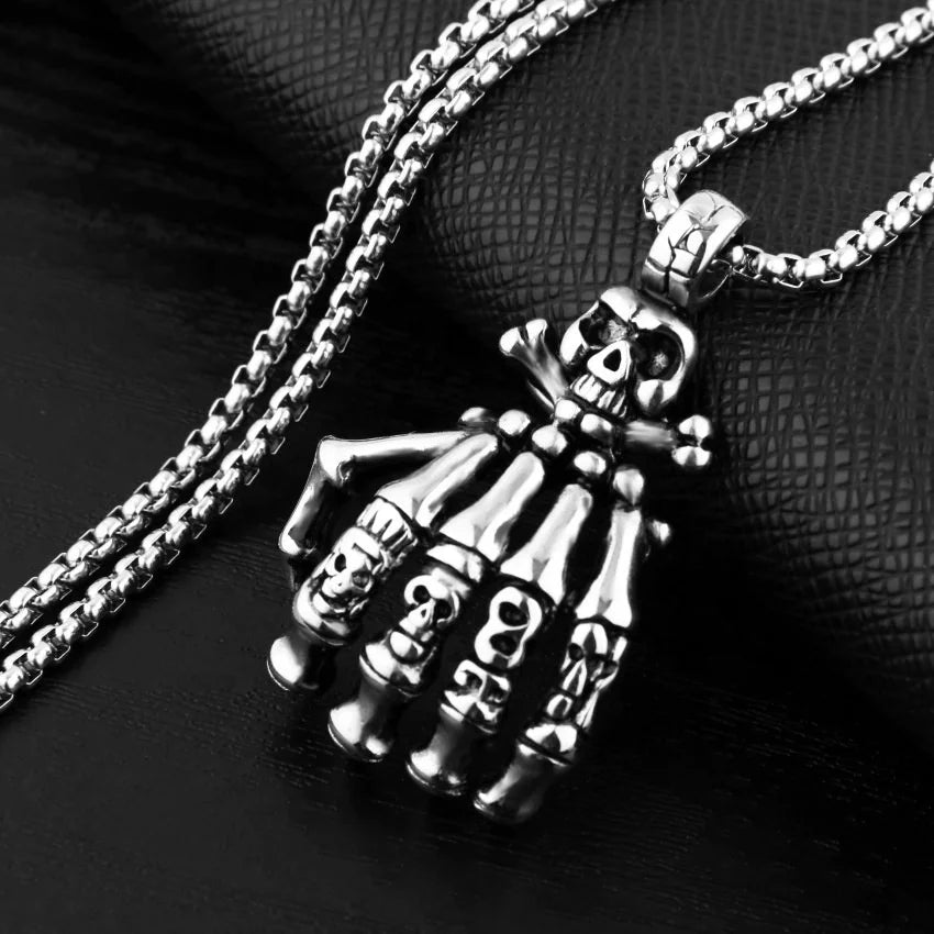 Hip Hop Style Long Chain Retro Charm Pendant Necklaces Punk Skull Bones Joints Hands Pendants Necklace for Friend Gifts