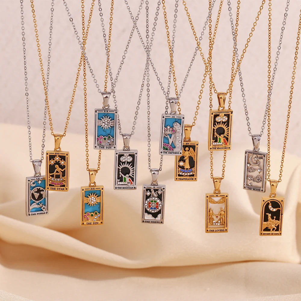 Guarantee Dreamshow Original Design Enamel Tarot Card Necklace Tarnish Free Jewelry Gold Plated Pendant Necklace Stainless St