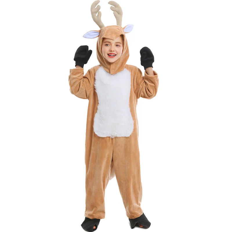 Kids Reindeer Costume Christmas Animals Cosplay Jumpsuit for Boys and Girls Party Performance