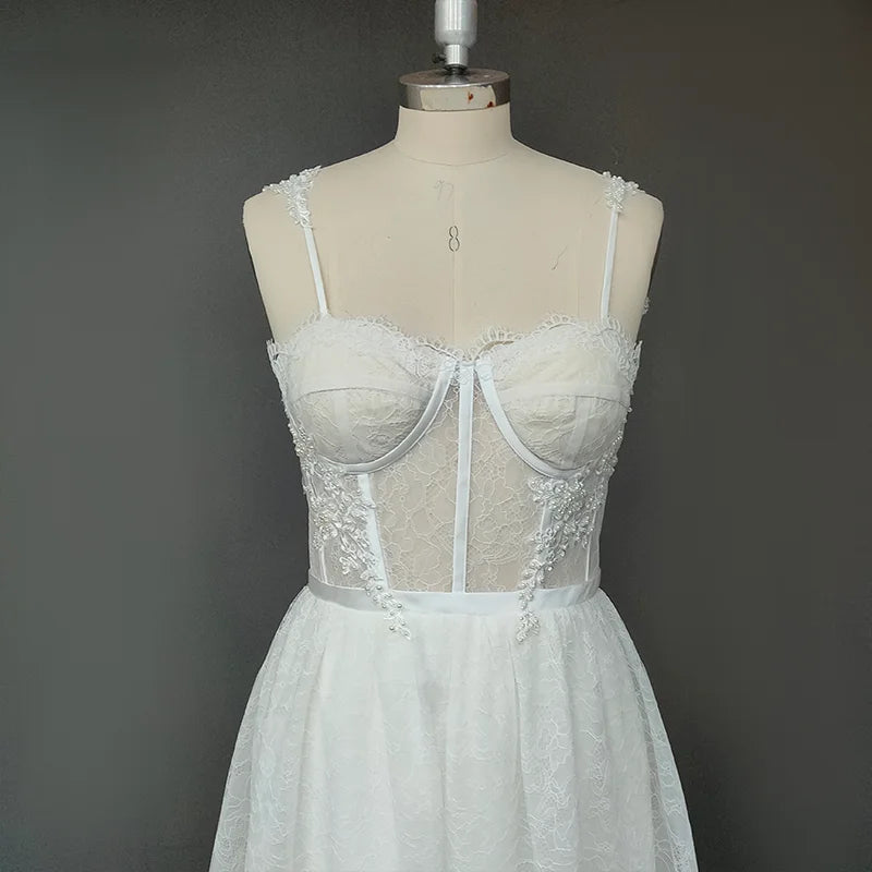 10053#Spaghetti Straps A-Line Bohemian Vintage Vestido De Noiva Sweep Train Sleeveless Lace Backless Wedding Dress Bridal Gow