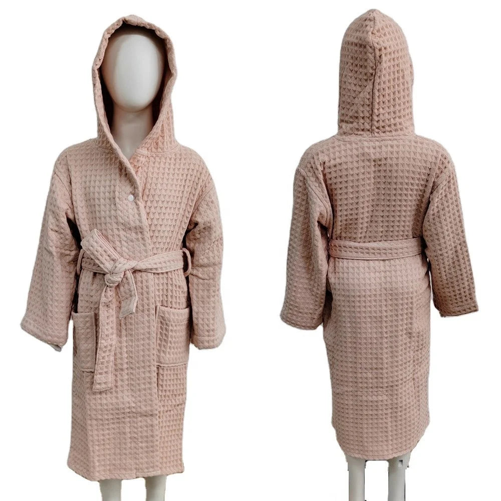 Custom Soft 100% Cotton Waffle Robe Kids Clothing Bath Robe Hooded Baby Bathrobe