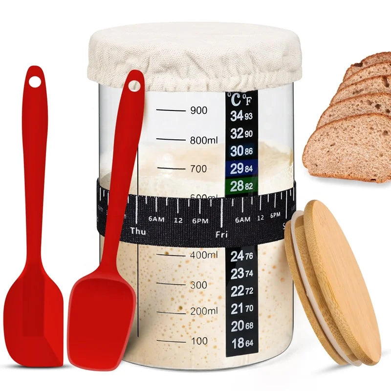 Wide Mouth Eco-Friendly Sourdough Starter Kit 35 Oz/1000ml Wood Lid Jar Thermometer Silicone Scraper Cloth Cover Box Bread