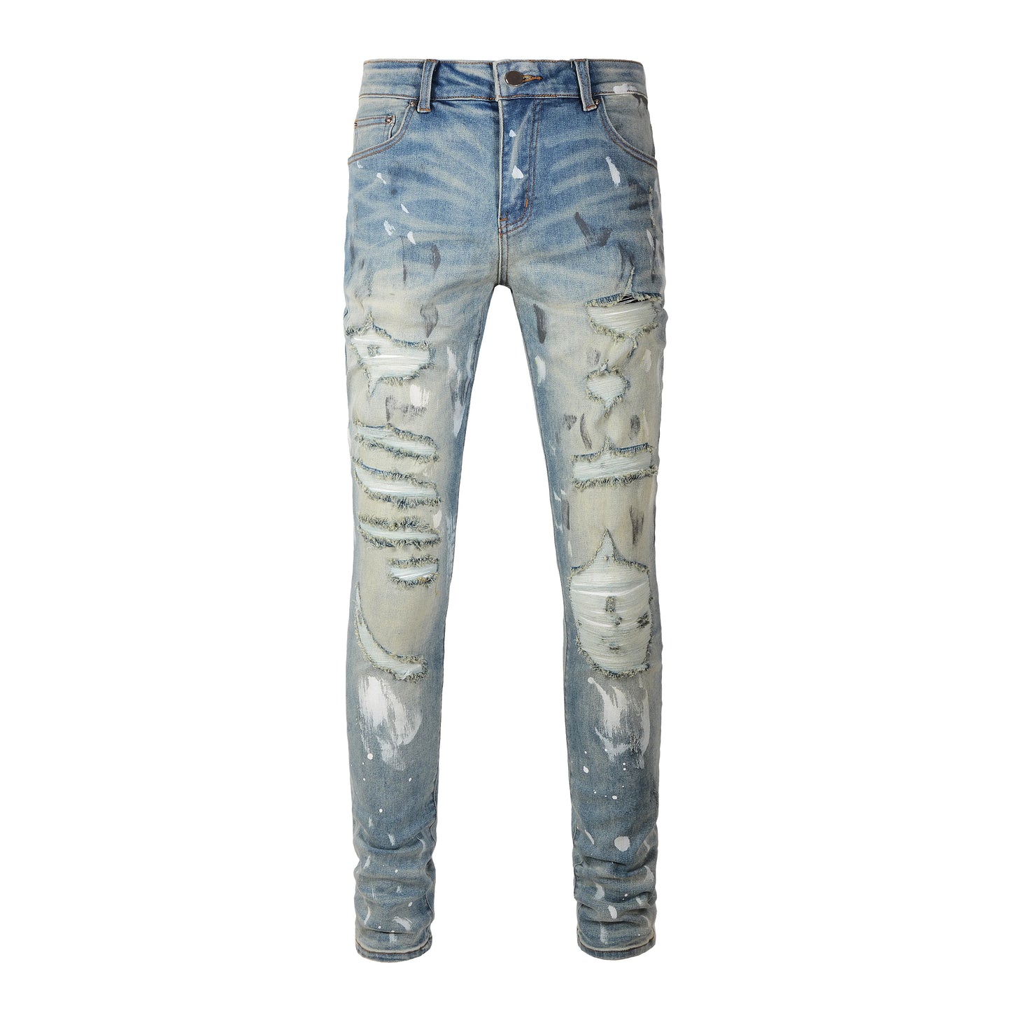 Wholesale Hip Hop Winter Blue Streetwear Slim Fit Damaged Splash Ripped Stretch Designer Distressed Skinny Painted Vintage De