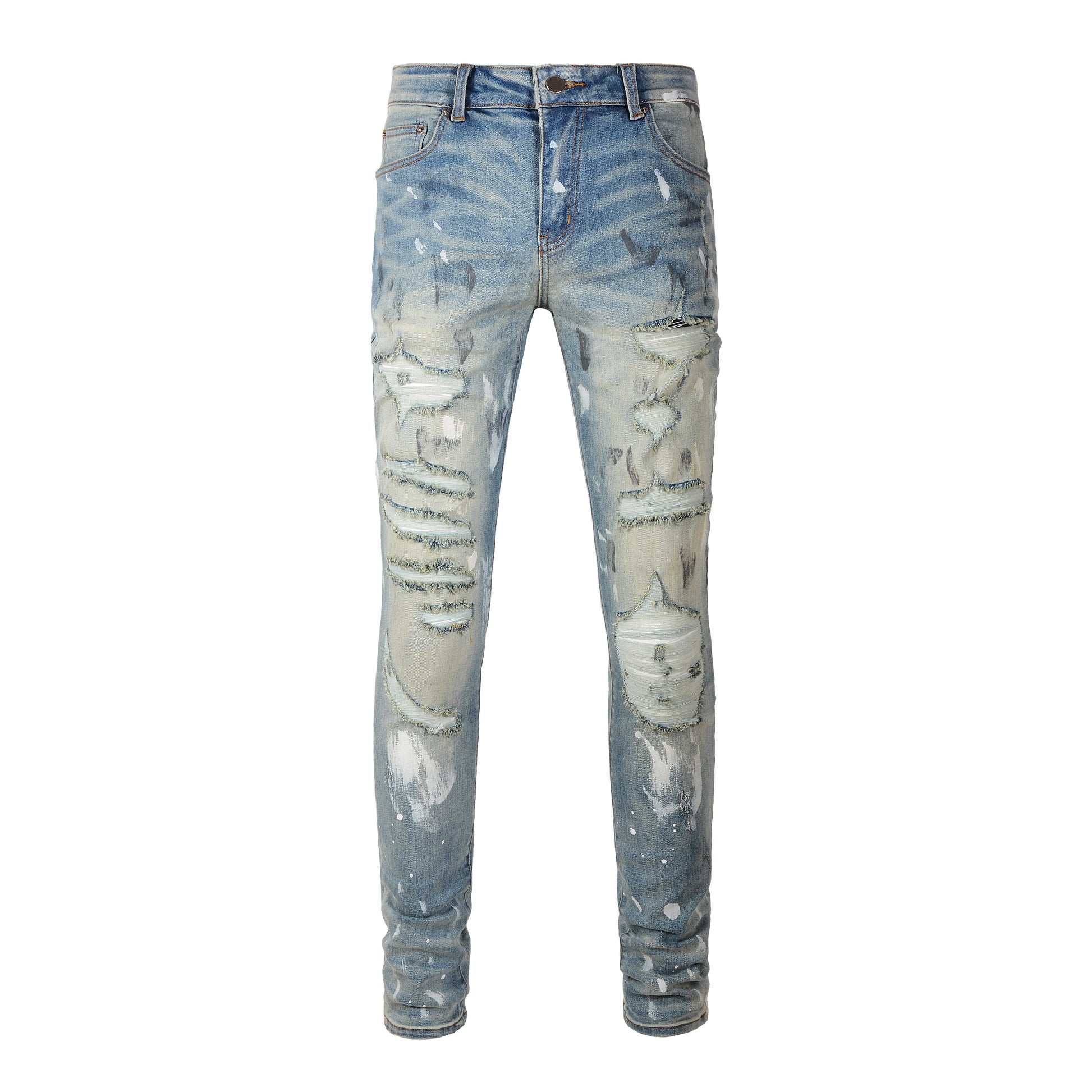 Wholesale Hip Hop Winter Blue Streetwear Slim Fit Damaged Splash Ripped Stretch Designer Distressed Skinny Painted Vintage De