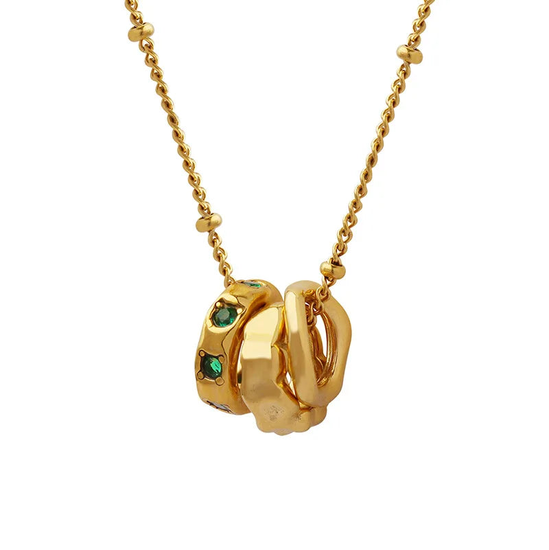 Maiou Delicate Three-ring Pendant Stainless Steel Waterproof 18K Gold Plated Green Gemstone Stainless Steel Necklace for Wome