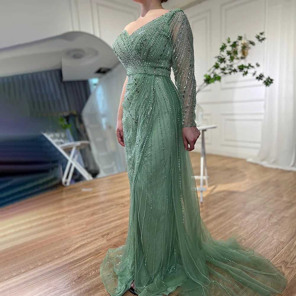 Mint One Shoulder High Split Mermaid Beaded Evening Dresses Serene Hill LA71859 Overskirt Party Gowns for Women Rts