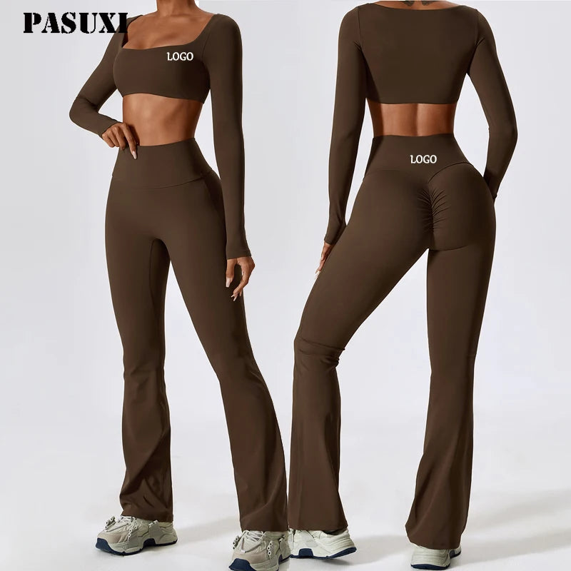 PASUXI Customizable Women's Yoga Flare Pants Set with Long Sleeve Square Neck Top Eco-Friendly 2 Piece Workout Outfit