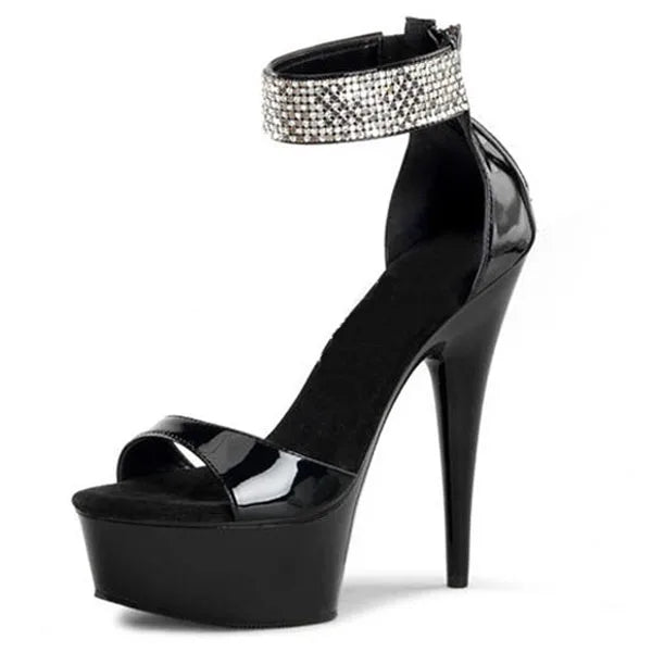 6-Inch Gothic Rhinestone Striped Stiletto High Heels 15cm Open Platform Queen Sandals for Summer Banquets Fashionable Striptease