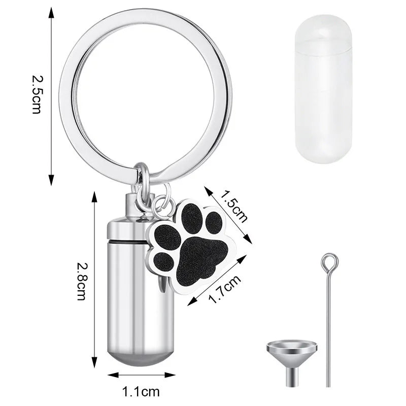 Custom Waterproof Stainless Steel Pet Urn Key Chains Paw Charm Cremation Jewelry for Ashes Keepsake Memorial Vial Urn Key Cha