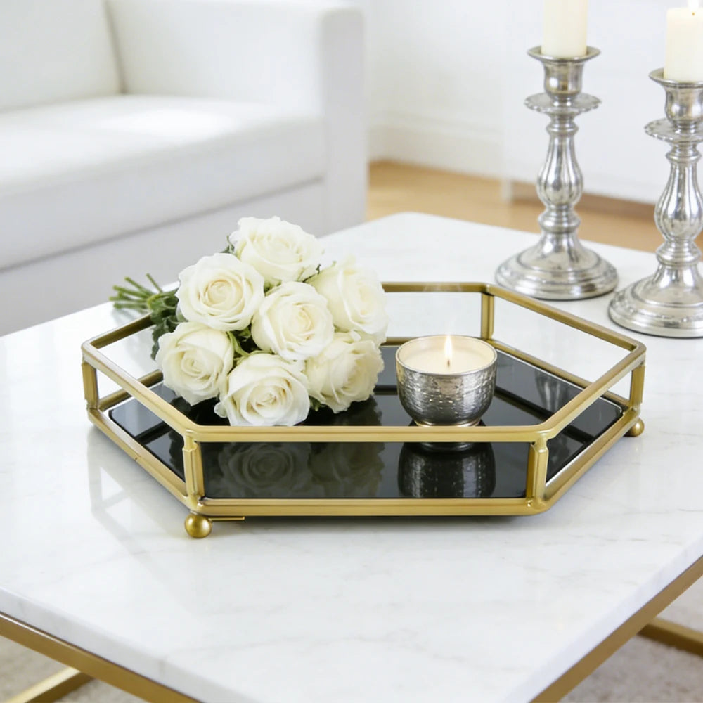 Hot Selling Luxury Creative Perfume Storage Glass Tray Custom Gold Mirror Tray Home Decor