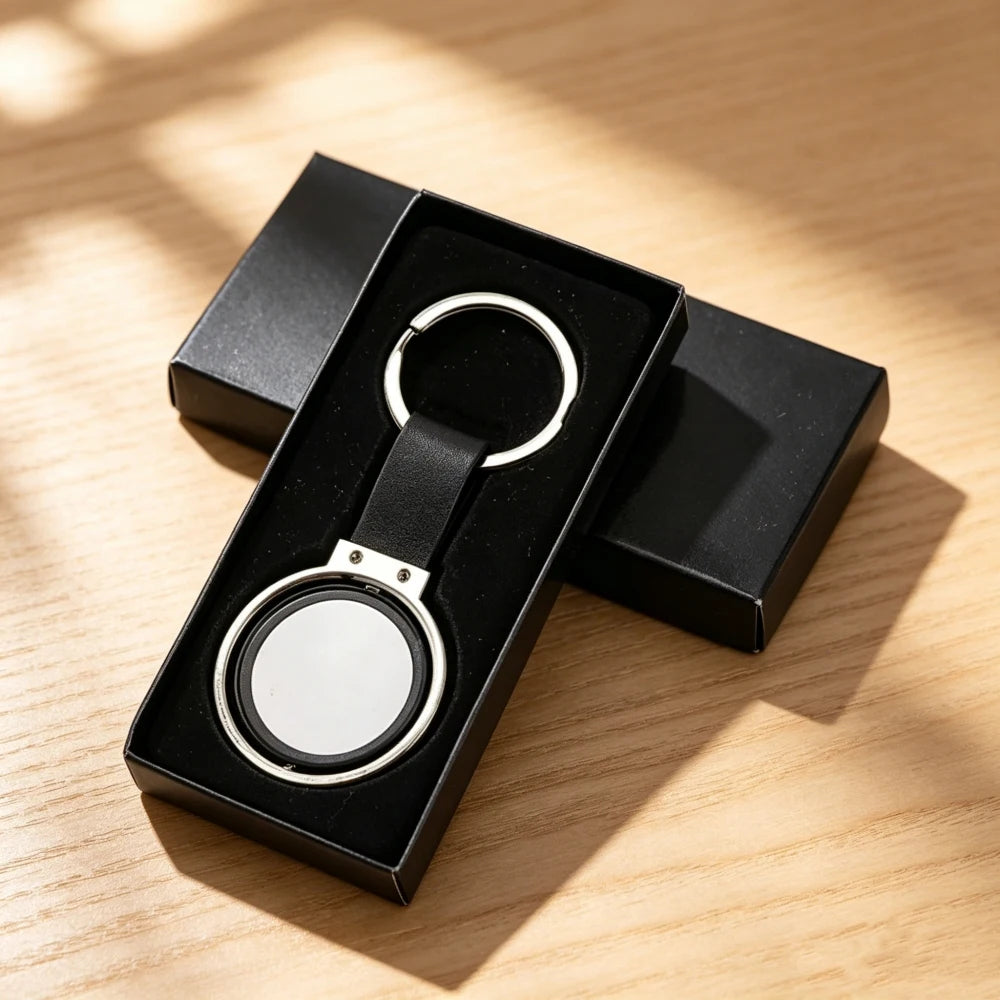In Stock Zinc Alloy Leather Strap Sublimation Double Sided Logo Circle Keychain for Business Thank You Gift Rotatable Keychai