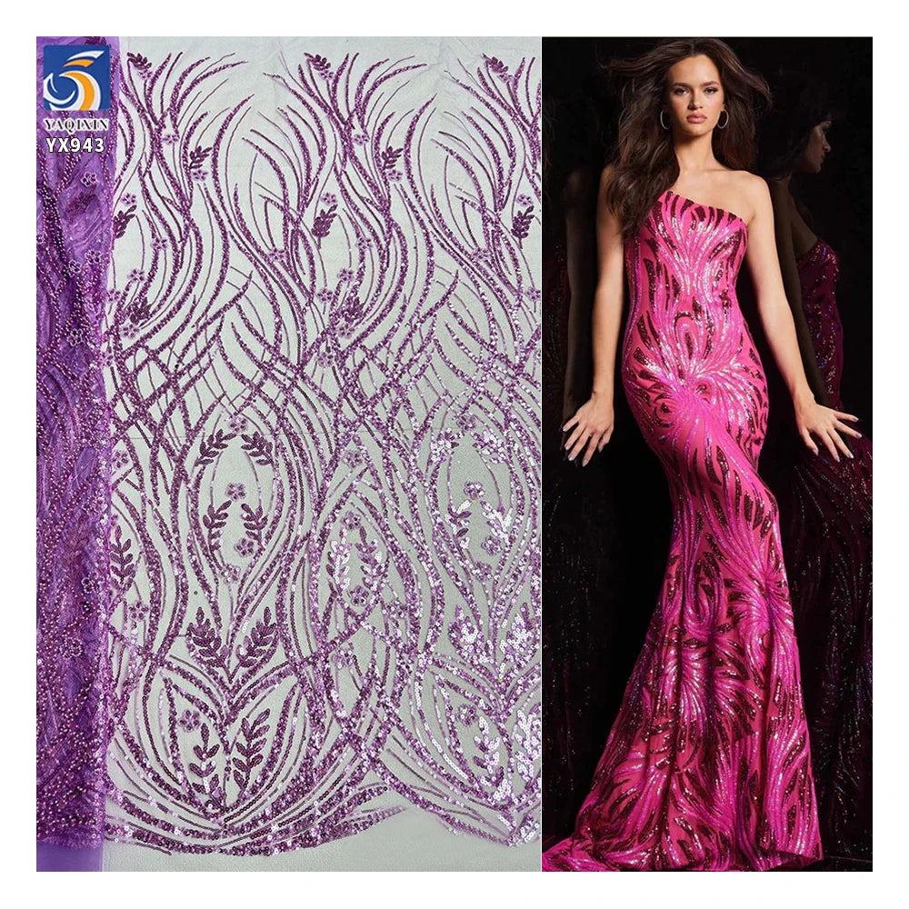 YX943 Customized Europe France Paris London Sequin Lace Fabric Glitter Sequin Shiny Lace Fabric for High-End Party Skirts