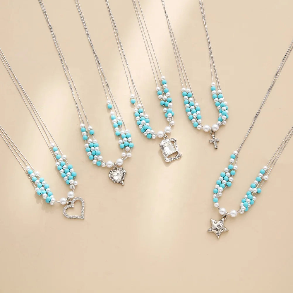 Women's Vintage Style Imitation Pearl Turquoise Beads Cross Heart Gemstone Rhinestone Charms Stainless Steel Chains Jewelry