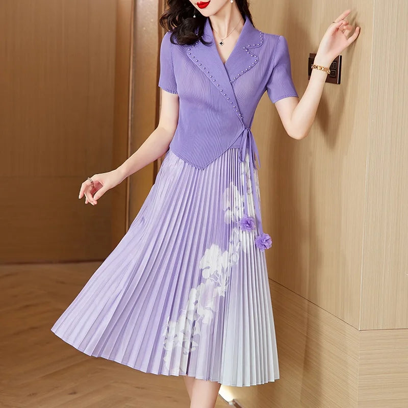 Summer New Folded Mid Length Dress Fashionable Bead Decoration Plus Size Loose  Dress