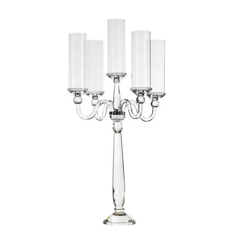 Wholesale Glass Cylinders 5 Arm Crystal Glass Candelabra for Wedding Table Decoration