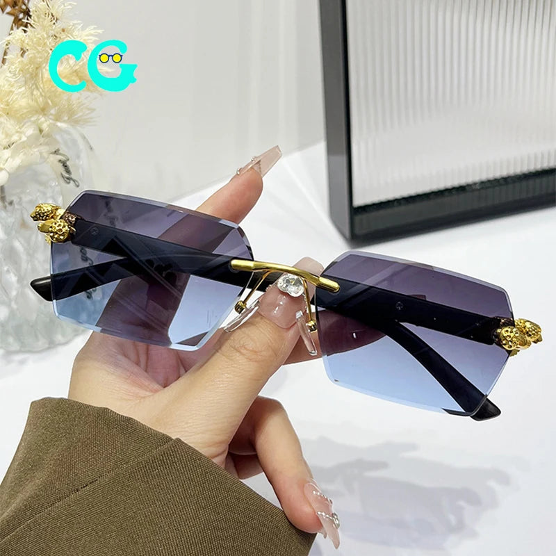 Vintage Unique Cheetah Rimless Rectangle Sunglasses Women Candy Colors Clear Lens Eyewear Brand Designer Men Sun Glasses