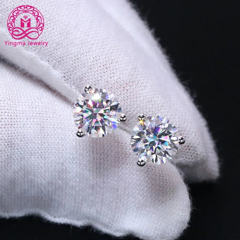 Fast Delivery Fine Jewelry 2 Carats Moissanite Round Cut 14K Solid White Gold Earrings Trendy Three Prongs Design for Wedding